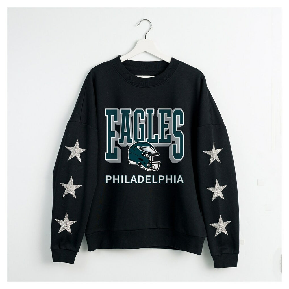 Philadelphia Eagles Gameday Couture Women's Pure Victory Rhinestud Star-Sleeve Pullover Sweatshirt Black