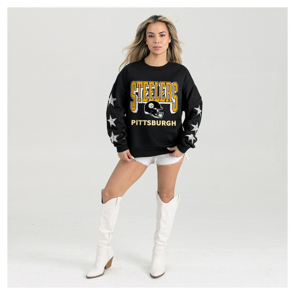 Pittsburgh Steelers Gameday Couture Women's Pure Victory Rhinestud Star-Sleeve Pullover Sweatshirt Black