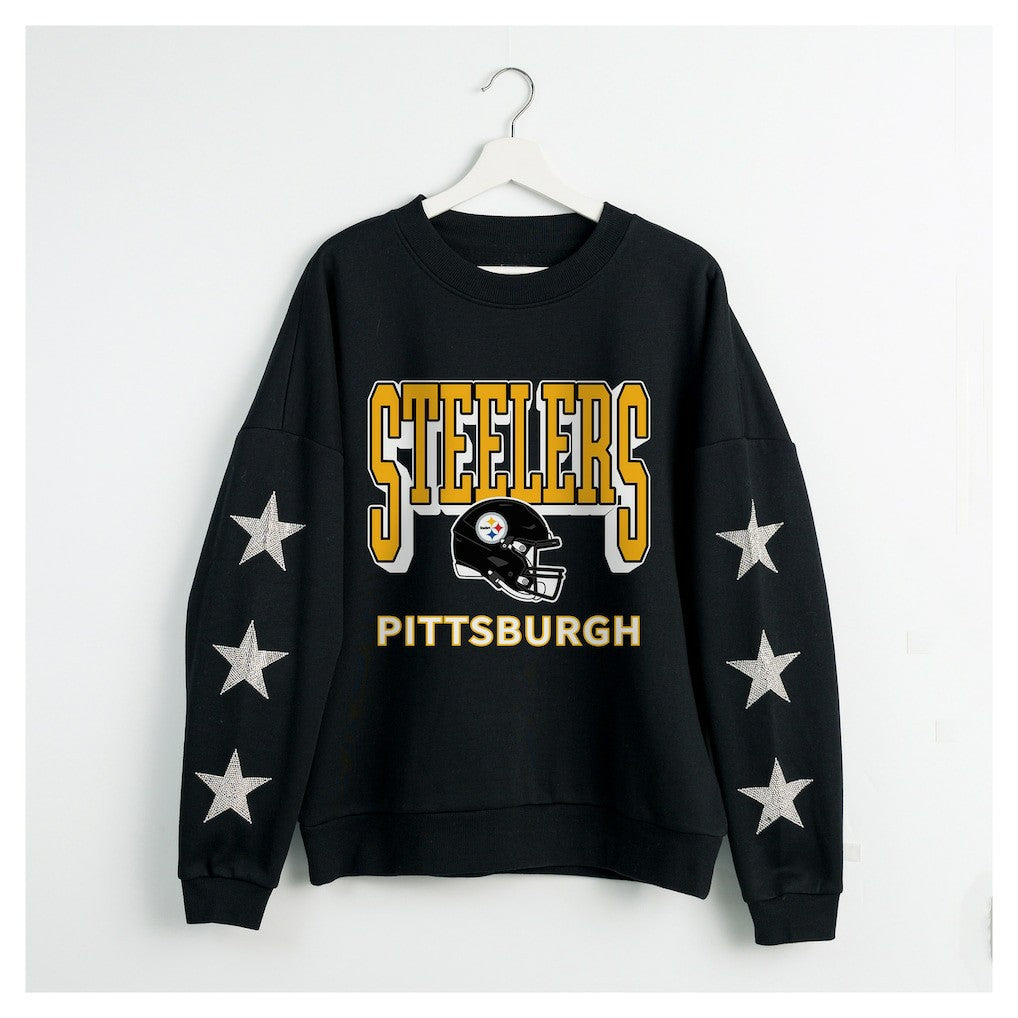 Pittsburgh Steelers Gameday Couture Women's Pure Victory Rhinestud Star-Sleeve Pullover Sweatshirt Black