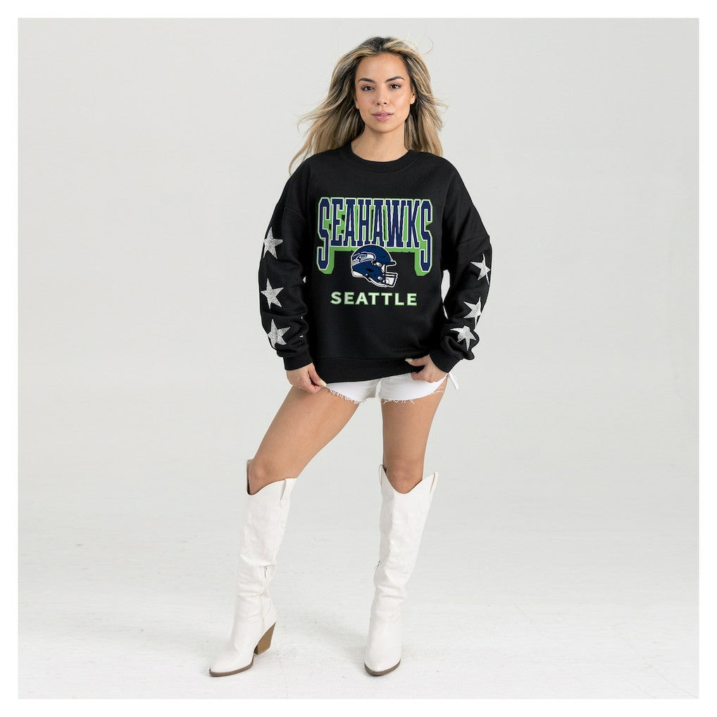 Seattle Seahawks Gameday Couture Women's Pure Victory Rhinestud Star-Sleeve Pullover Sweatshirt Black