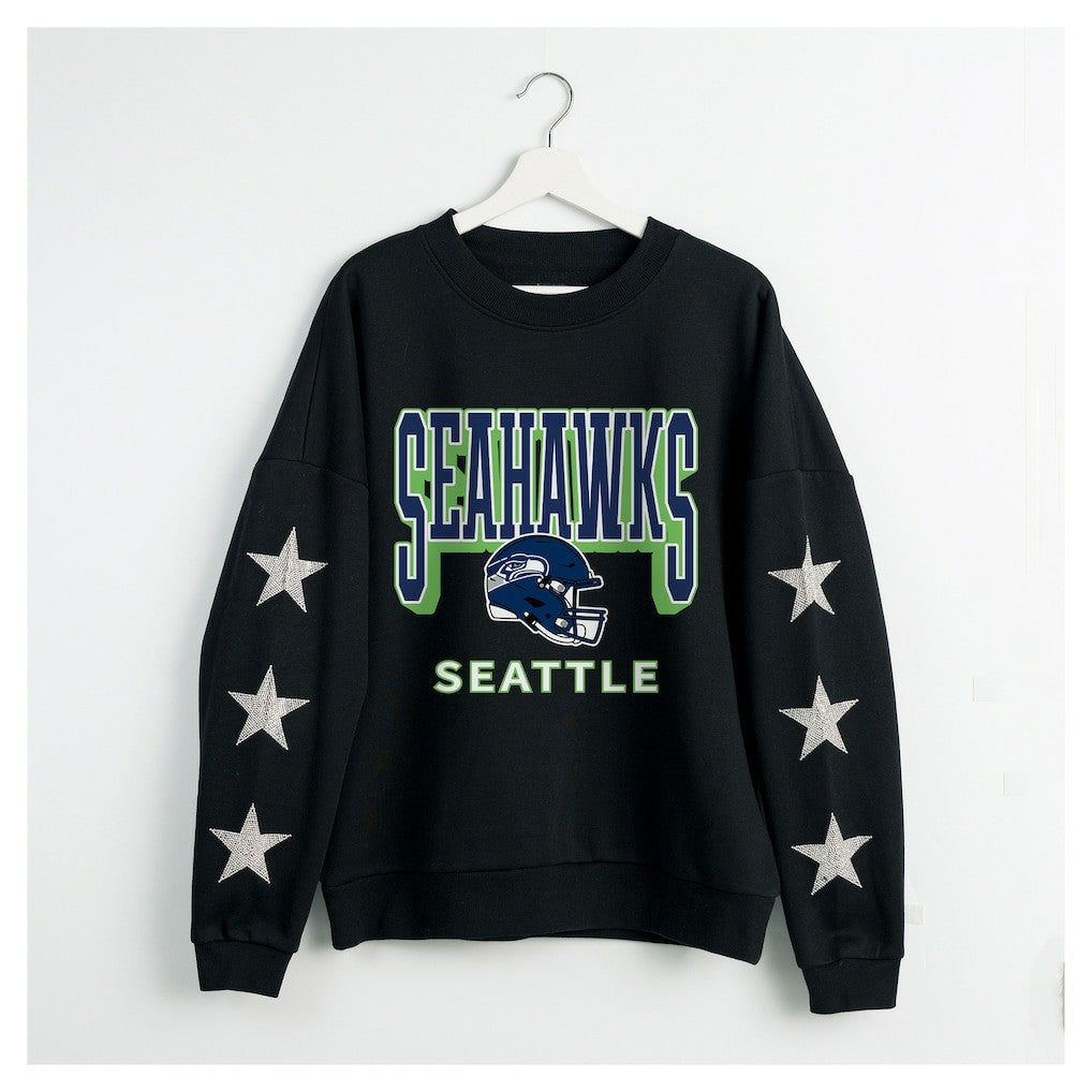 Seattle Seahawks Gameday Couture Women's Pure Victory Rhinestud Star-Sleeve Pullover Sweatshirt Black
