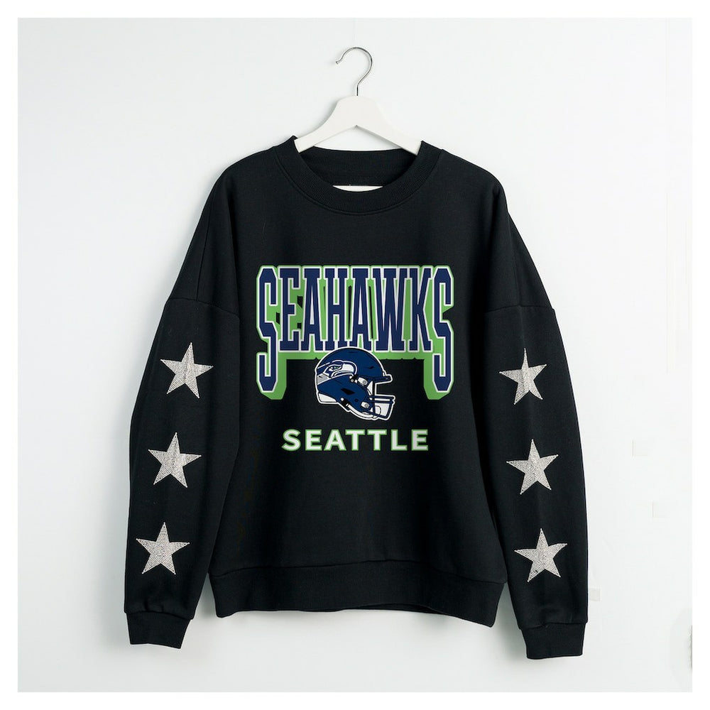 Seattle Seahawks Gameday Couture Women's Pure Victory Rhinestud Star-Sleeve Pullover Sweatshirt Black