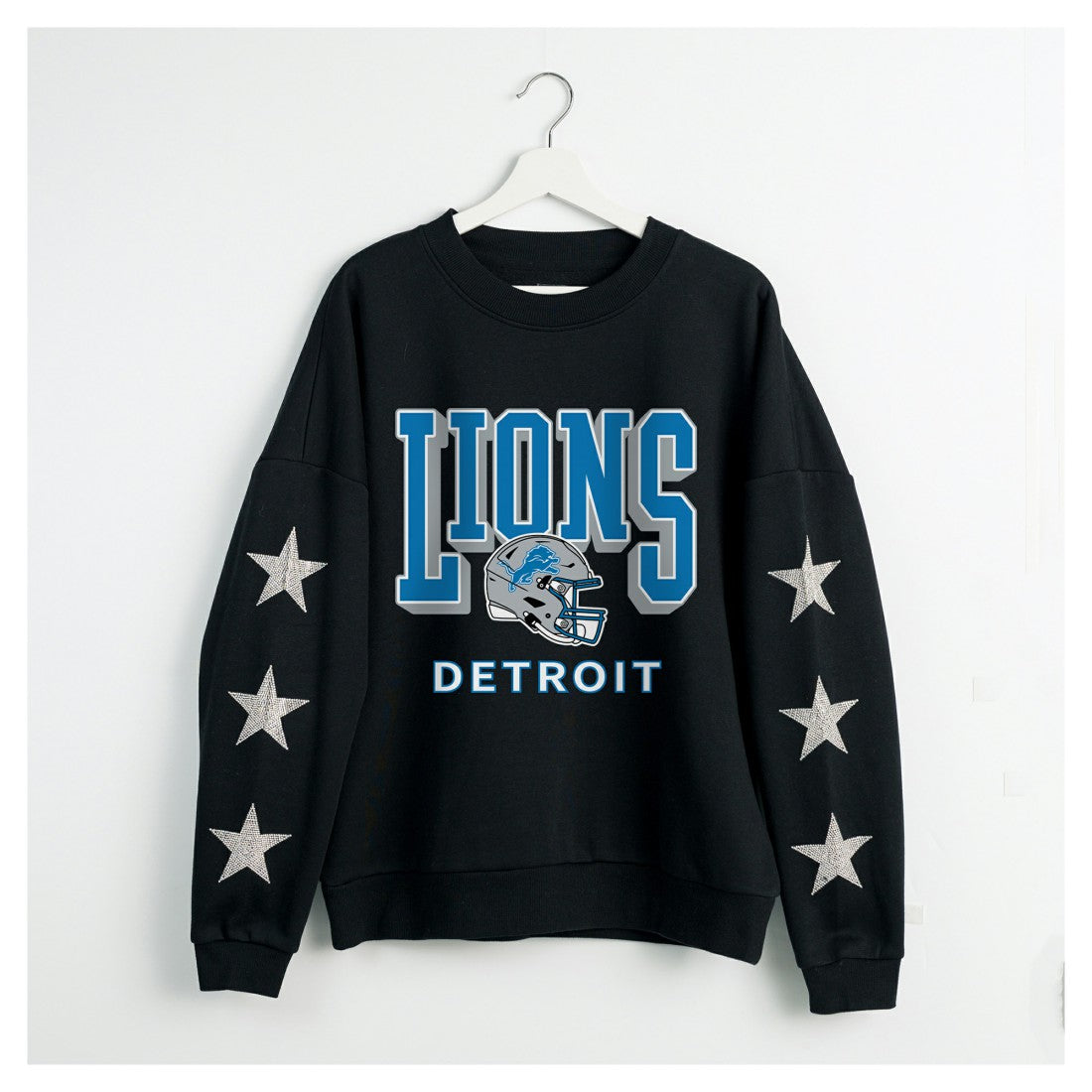 Detroit Lions Gameday Couture Women's Pure Victory Rhinestud Star-Sleeve Pullover Sweatshirt Black