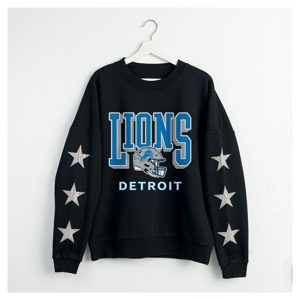 Detroit Lions Gameday Couture Women's Pure Victory Rhinestud Star-Sleeve Pullover Sweatshirt Black