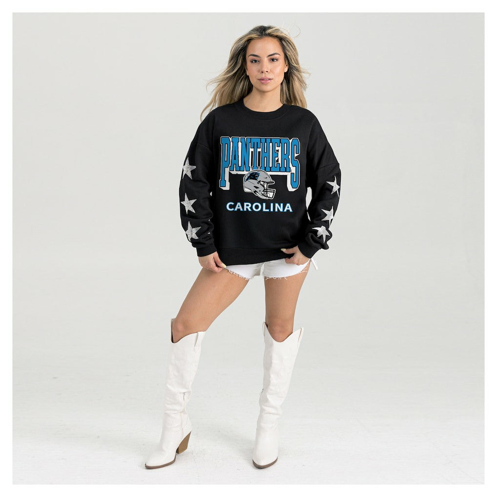 Carolina Panthers Gameday Couture Women's Pure Victory Rhinestud Star-Sleeve Pullover Sweatshirt Black