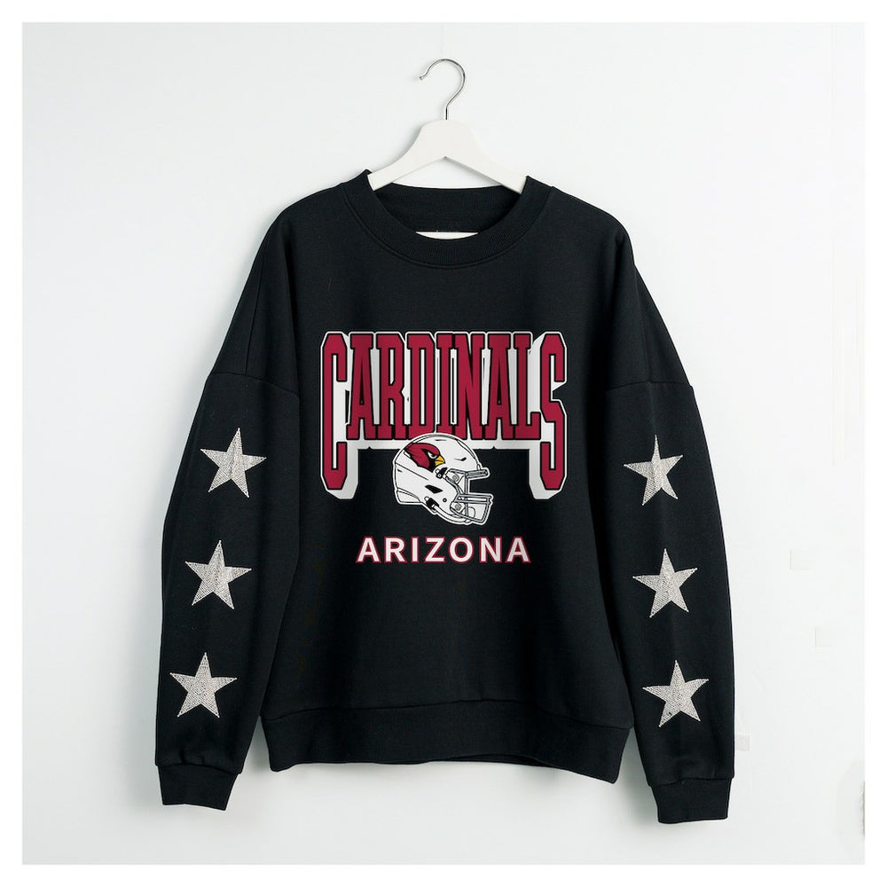 Arizona Cardinals Gameday Couture Women's Pure Victory Rhinestud Star-Sleeve Pullover Sweatshirt Black