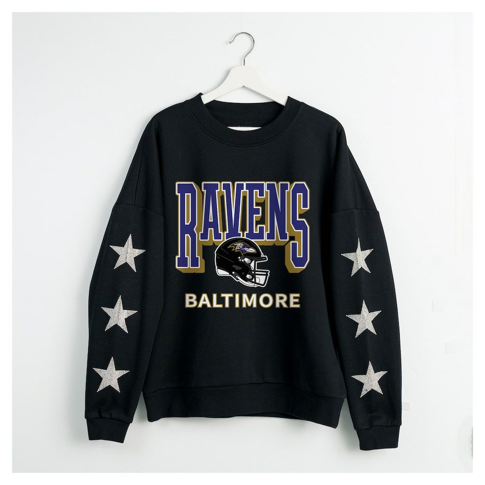 Baltimore Ravens Gameday Couture Women's Pure Victory Rhinestud Star-Sleeve Pullover Sweatshirt Black