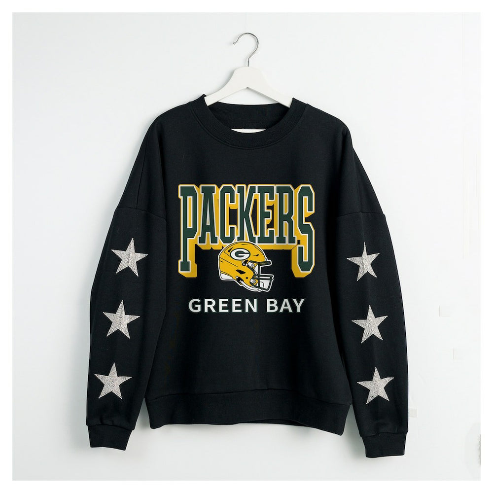 Green Bay Packers Gameday Couture Women's Pure Victory Rhinestud Star-Sleeve Pullover Sweatshirt Black