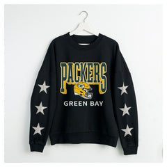 Green Bay Packers Gameday Couture Women's Pure Victory Rhinestud Star-Sleeve Pullover Sweatshirt Black