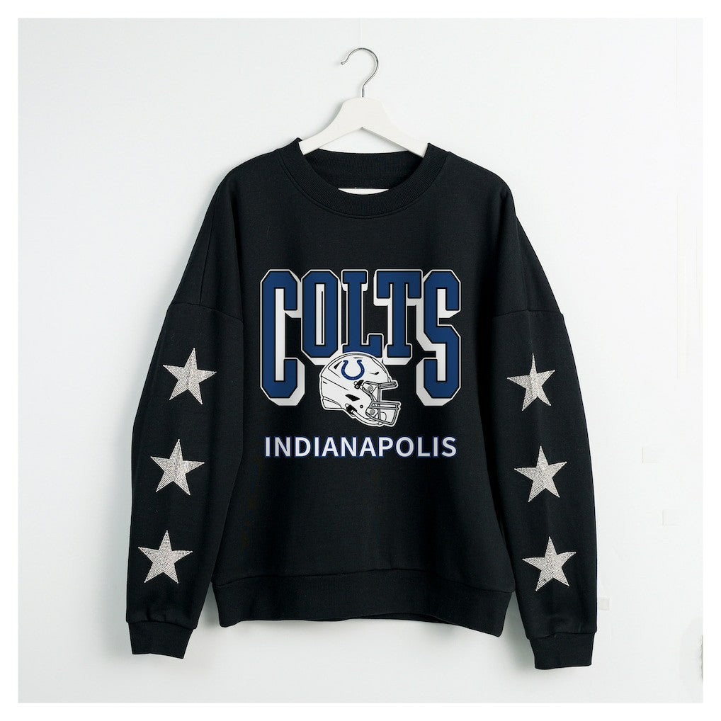 Indianapolis Colts Gameday Couture Women's Pure Victory Rhinestud Star-Sleeve Pullover Sweatshirt Black