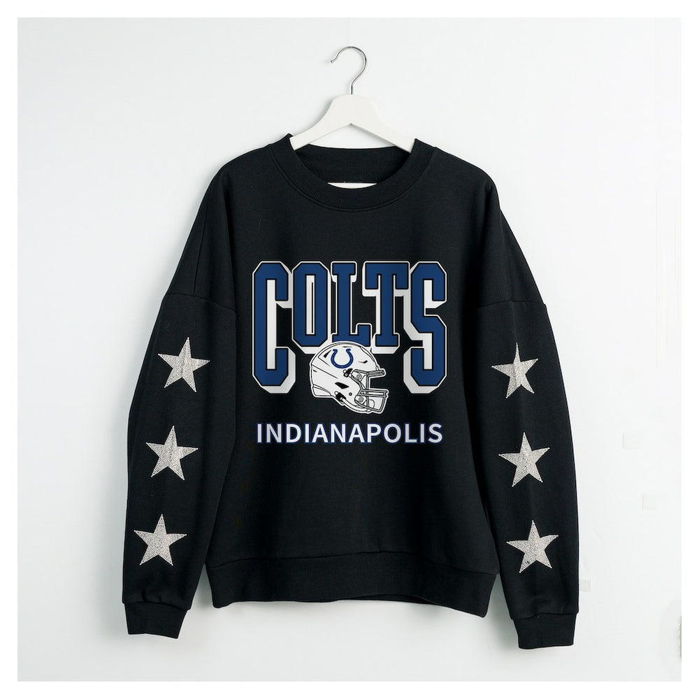 Indianapolis Colts Gameday Couture Women's Pure Victory Rhinestud Star-Sleeve Pullover Sweatshirt Black