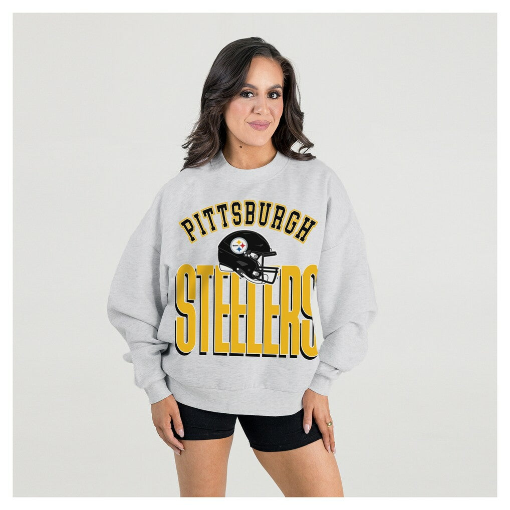 Pittsburgh Steelers Gameday Couture Women's Fierce Focus Premium Oversized Fleece Pullover Sweatshirt Ash