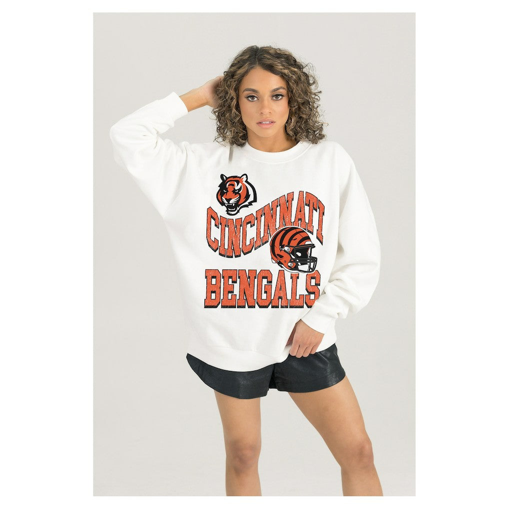 Cincinnati Bengals Gameday Couture Women's Oversized Hard Earned Premium Fleece Pullover Sweatshirt White