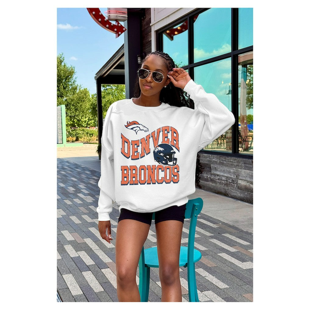 Denver Broncos Gameday Couture Women's Oversized Hard Earned Premium Fleece Pullover Sweatshirt White