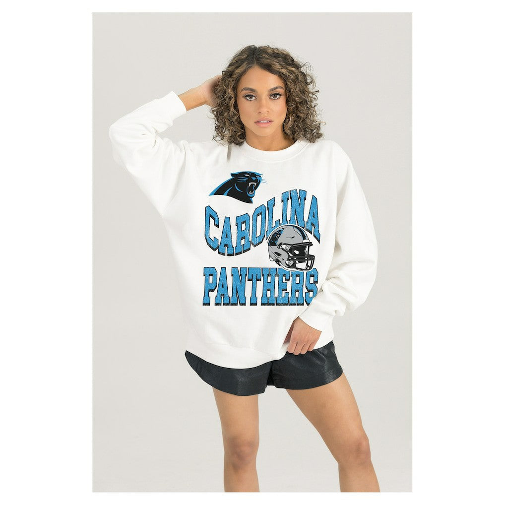 Carolina Panthers Gameday Couture Women's Oversized Hard Earned Premium Fleece Pullover Sweatshirt White