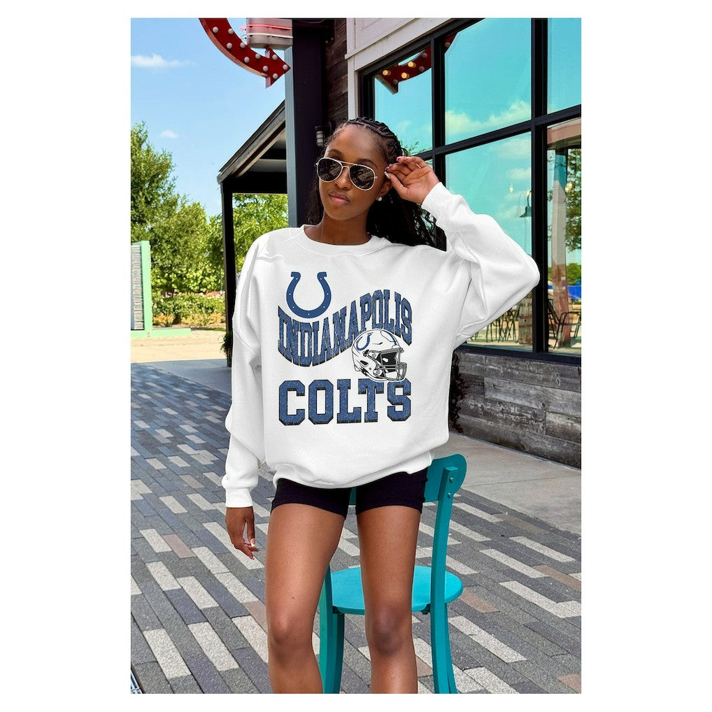 Indianapolis Colts Gameday Couture Women's Oversized Hard Earned Premium Fleece Pullover Sweatshirt White