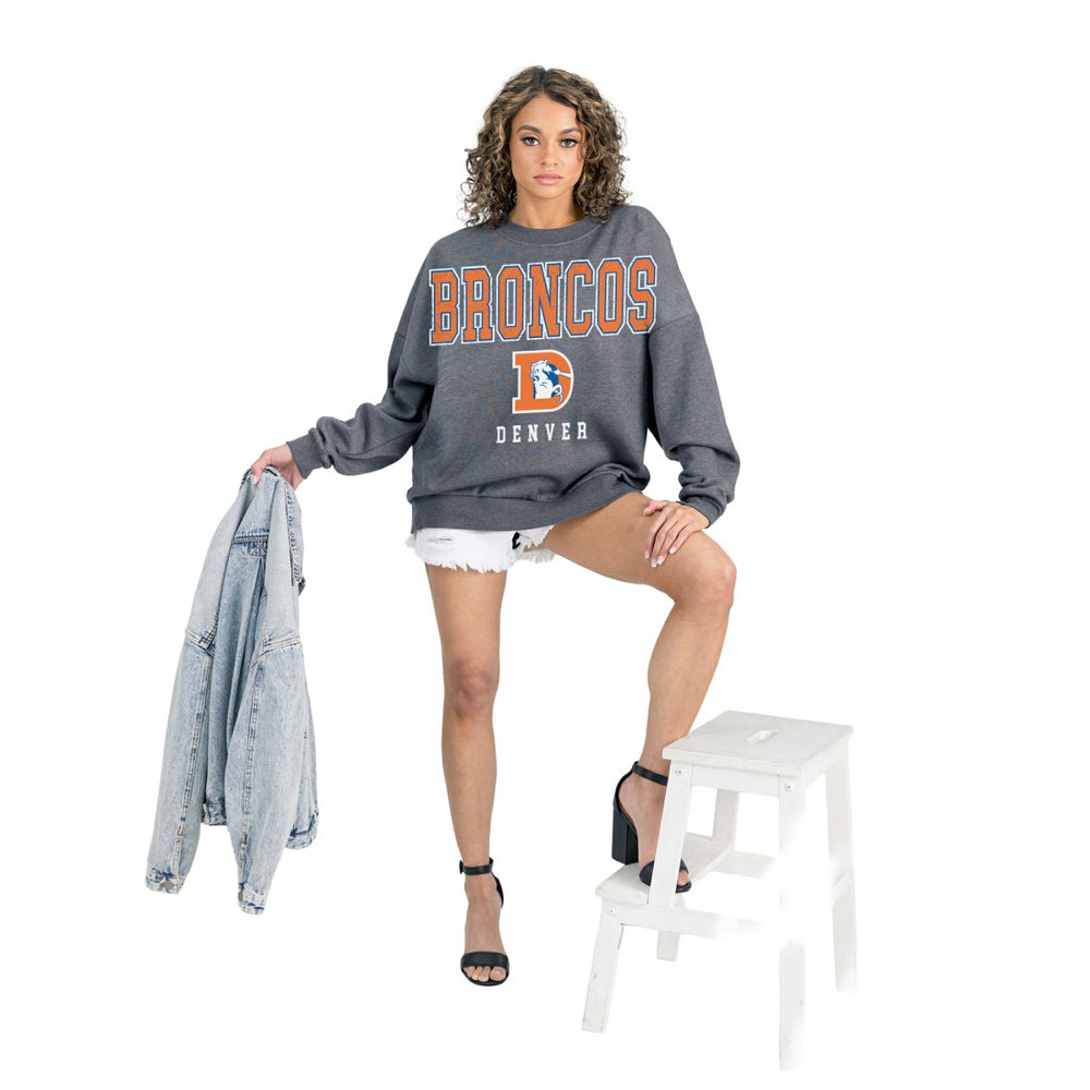 Denver Broncos Gameday Couture Women's Bring Your Energy Oversized Premium Fleece Pullover Sweatshirt Charcoal
