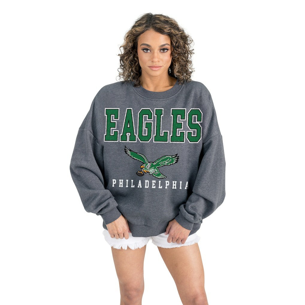 Philadelphia Eagles Gameday Couture Women's Bring Your Energy Oversized Premium Fleece Pullover Sweatshirt Charcoal