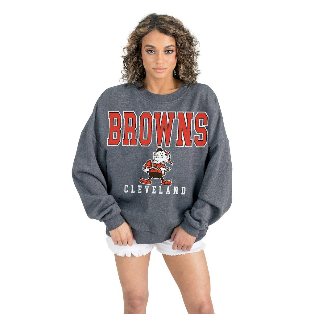 Cleveland Browns Gameday Couture Women's Bring Your Energy Oversized Premium Fleece Pullover Sweatshirt Charcoal