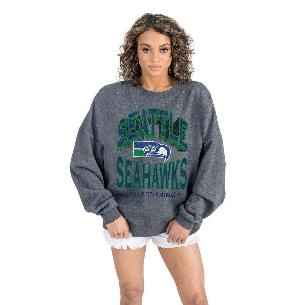 Seattle Seahawks Gameday Couture Women's Long Weekends Oversized Premium Fleece Pullover Sweatshirt Charcoal