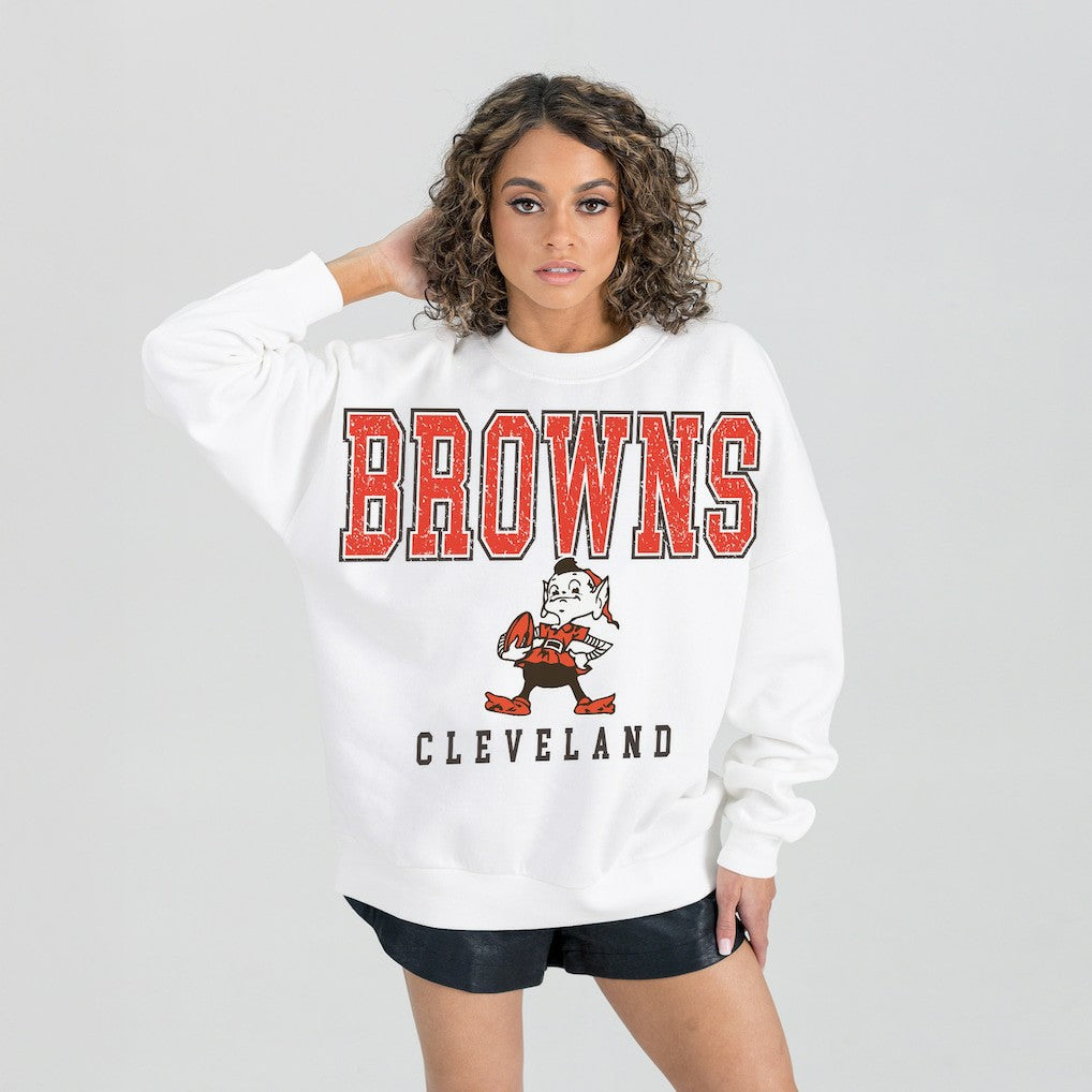 Cleveland Browns Gameday Couture Women's Classic Sunday Drives Oversized Premium Fleece Pullover Sweatshirt White