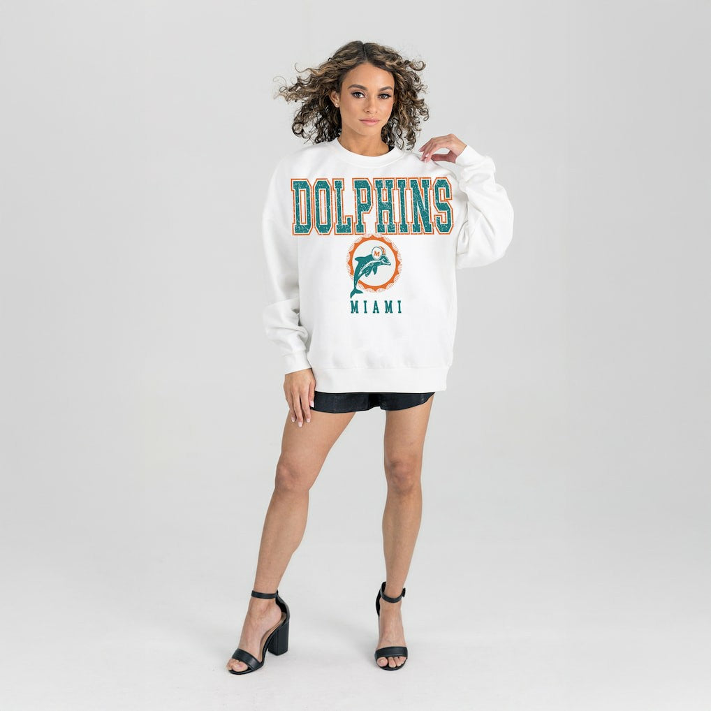 Miami Dolphins Gameday Couture Women's Classic Sunday Drives Oversized Premium Fleece Pullover Sweatshirt White
