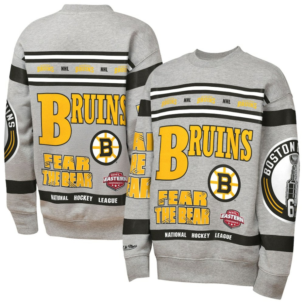 NHL Boston Bruins Mitchell & Ness Youth Allover Print Fleece Crewneck Sweatshirt - Heather Gray