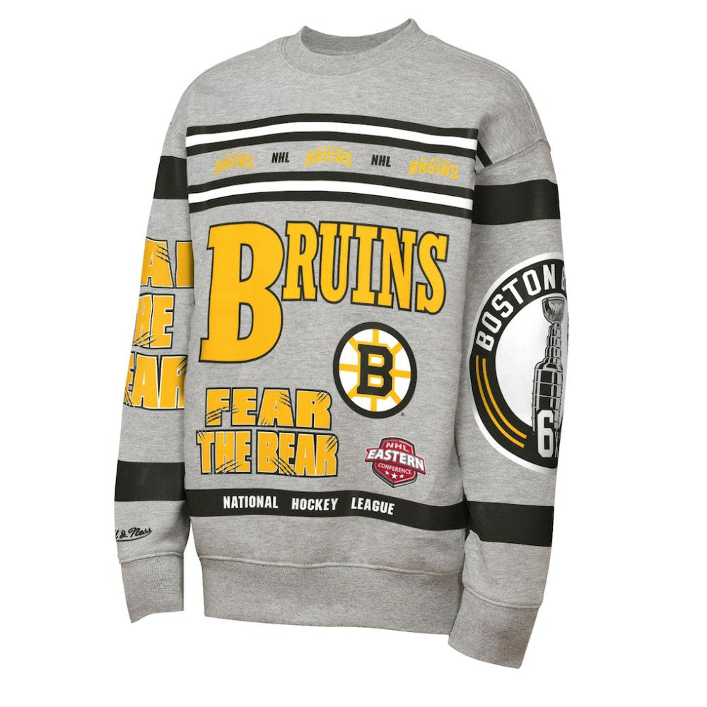 NHL Boston Bruins Mitchell & Ness Youth Allover Print Fleece Crewneck Sweatshirt - Heather Gray