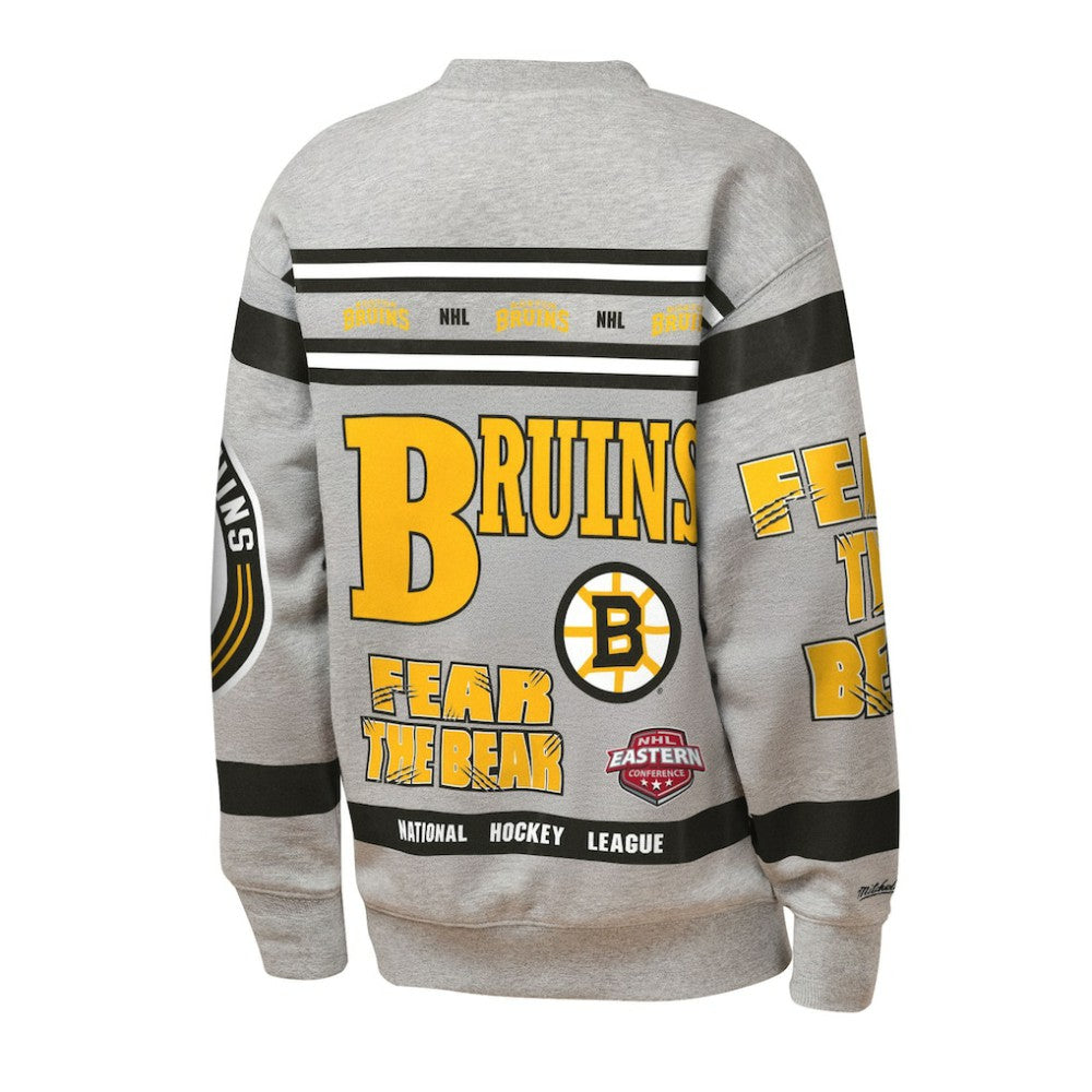 NHL Boston Bruins Mitchell & Ness Youth Allover Print Fleece Crewneck Sweatshirt - Heather Gray