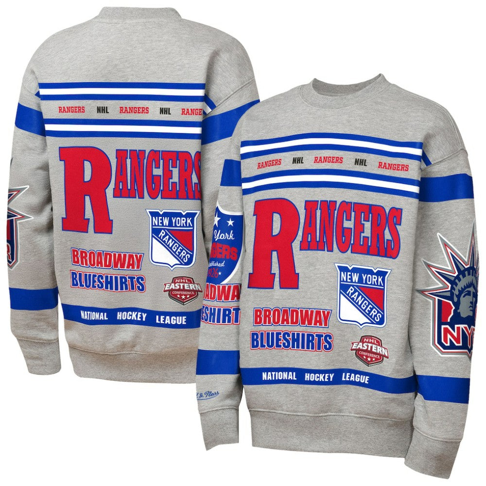 NHL New York Rangers Mitchell & Ness Youth Allover Print Fleece Crewneck Sweatshirt - Heather Gray