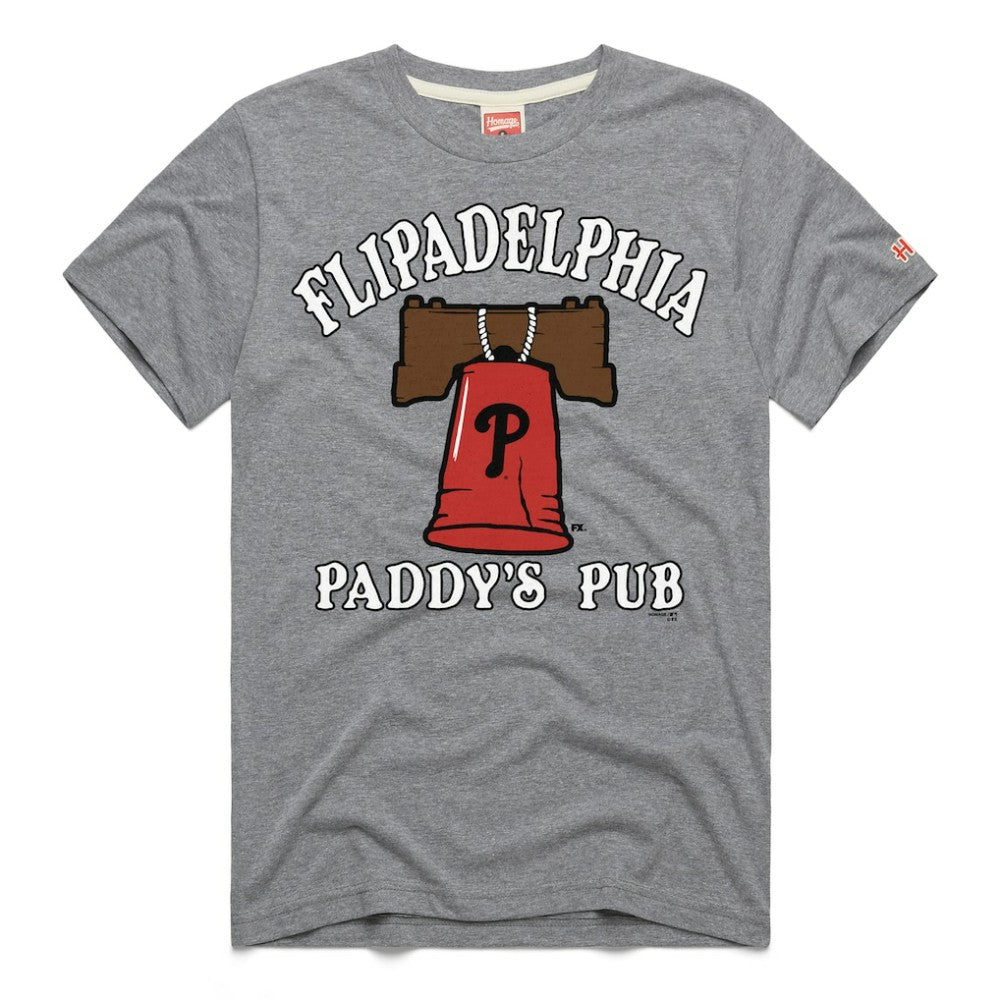 Philadelphia Phillies x It's Always Sunny in Philadelphia Homage Male Adult Flipadelphia Paddy's Pub T-Shirt - Gray T-shirts