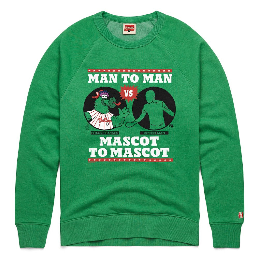 Philadelphia Phillies x It's Always Sunny in Philadelphia Homage Male Adult Phillie Phanatic vs Green Man Sweatshirt - Green Sweatshirts