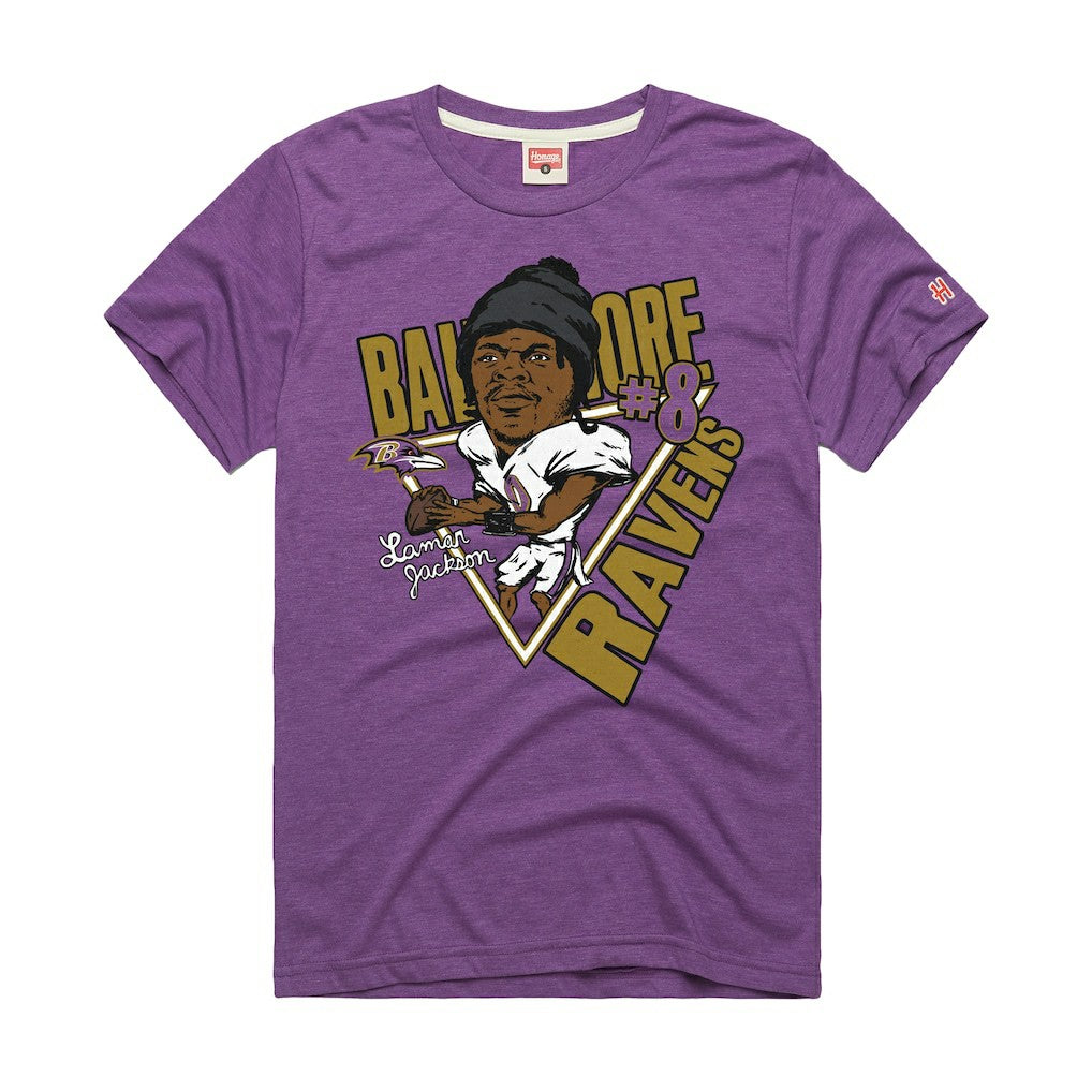 Lamar Jackson Baltimore Ravens Homage Unisex Caricature Player Graphic Tri-Blend T-Shirt Purple