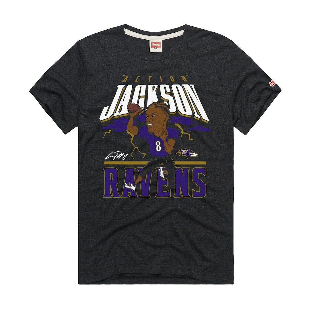 Lamar Jackson Baltimore Ravens Homage Unisex Caricature Player Graphic Tri-Blend T-Shirt Charcoal