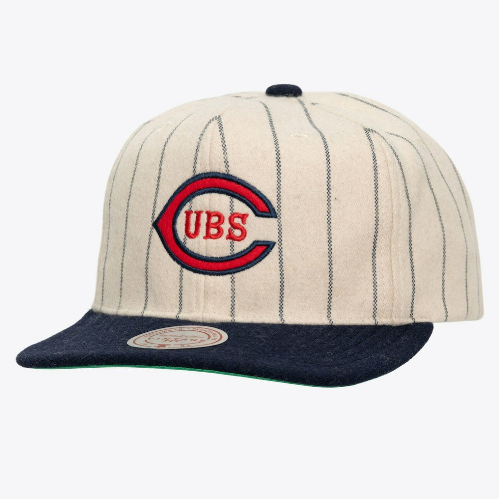 Chicago Cubs Mitchell & Ness Unisex Vintage Ground Melton Wool Pinstripe Adjustable Hat - Cream Hats
