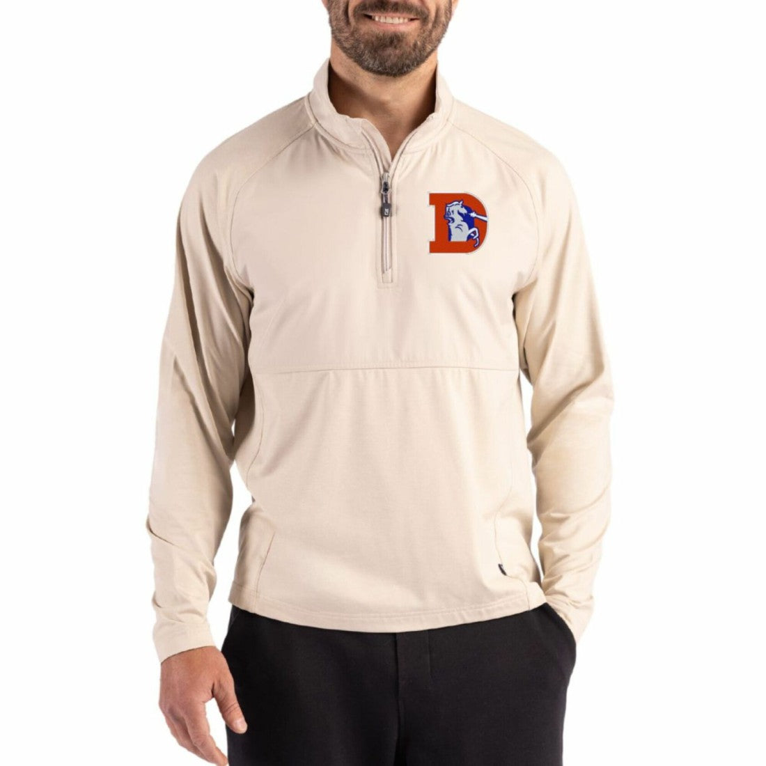 Denver Broncos Cutter & Buck Adapt Eco Knit Hybrid Recycled Quarter-Zip Jacket Light Brown