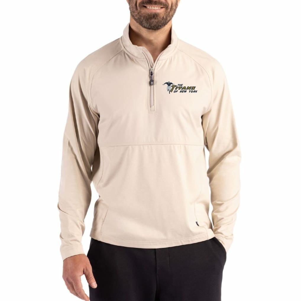 New York Jets Cutter & Buck Adapt Eco Knit Hybrid Recycled Quarter-Zip Jacket Light Brown