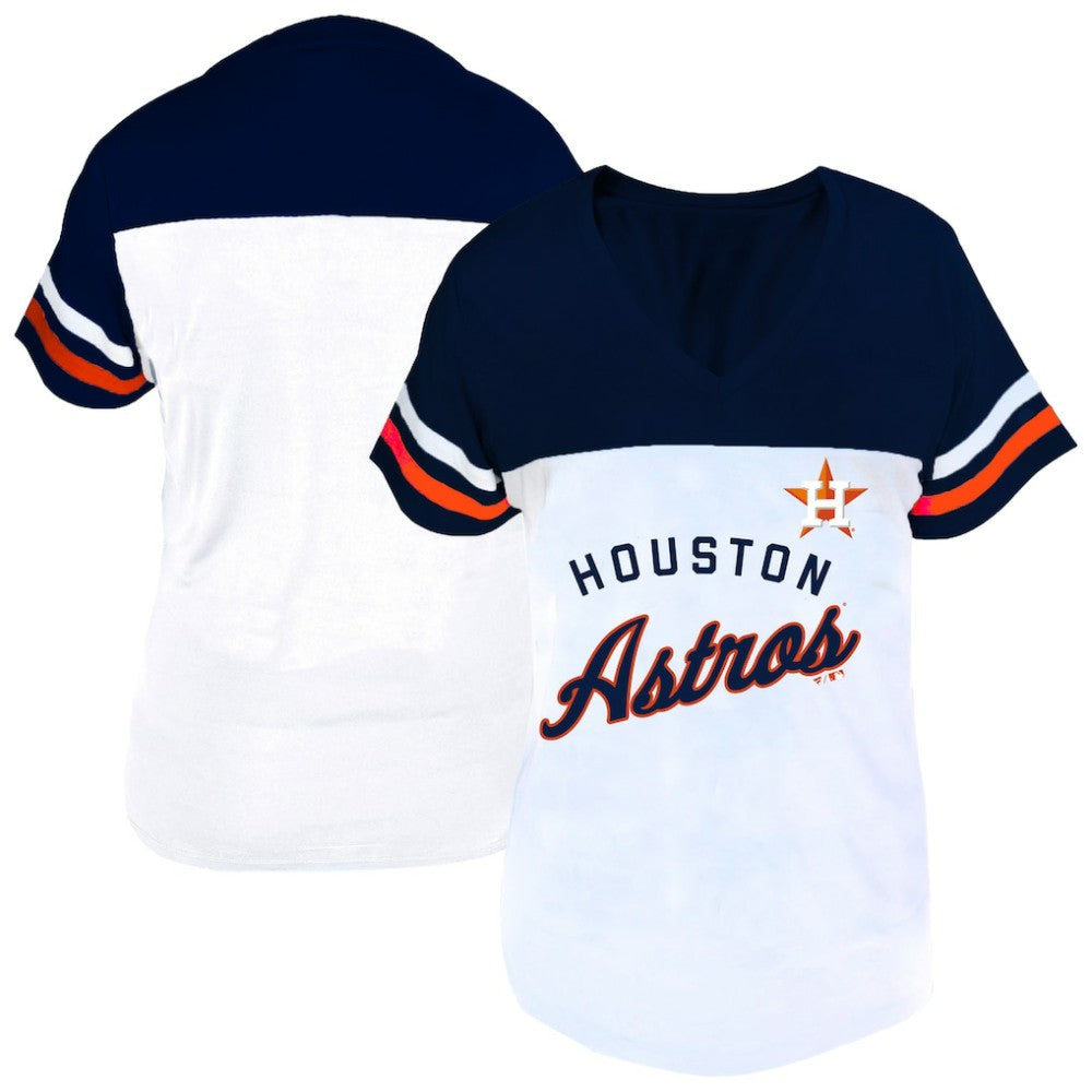 Houston Astros Profile Women's Plus Size Two-Stripe V-Neck T-Shirt - White/Navy T-shirts