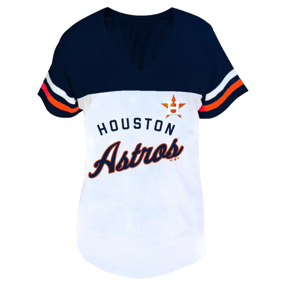 Houston Astros Profile Women's Plus Size Two-Stripe V-Neck T-Shirt - White/Navy T-shirts