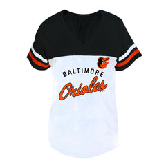 Baltimore Orioles Profile Women's Plus Size Two-Stripe V-Neck T-Shirt - White/Black T-shirts