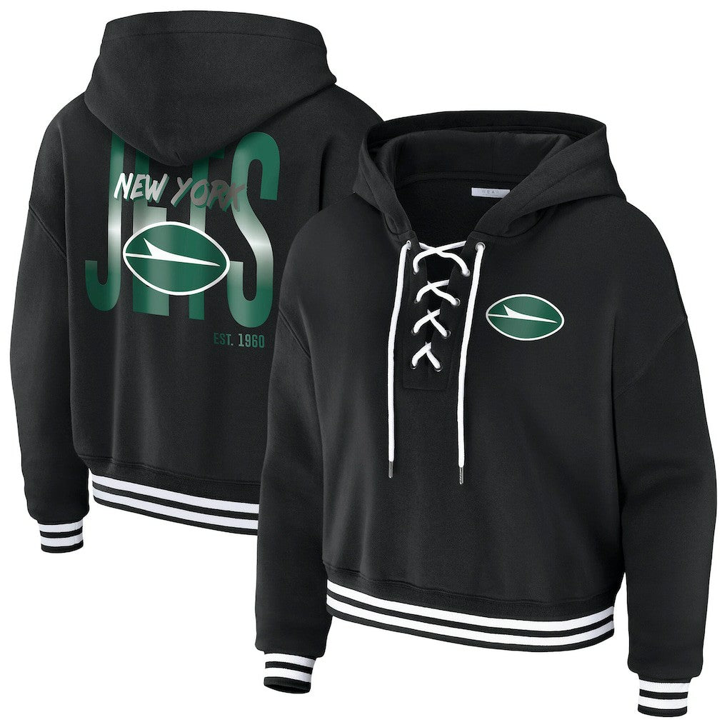 New York Jets WEAR by Erin Andrews Women's Lace-Up Fleece Hoodie Black