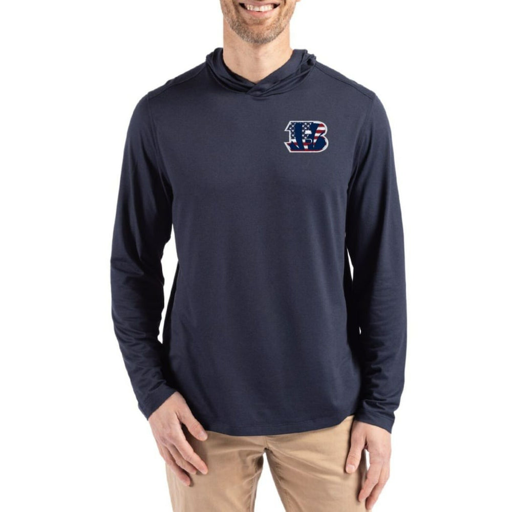 Cincinnati Bengals Cutter & Buck Americana Coastline Epic Comfort Eco Recycled Long Sleeve Hoodie T-Shirt Navy