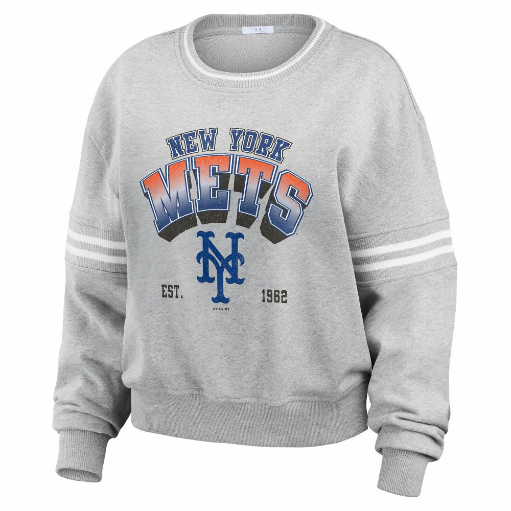 New York Mets WEAR by Erin Andrews Women's Sleeve Stripe Fleece Sweatshirt - Gray Sweatshirts