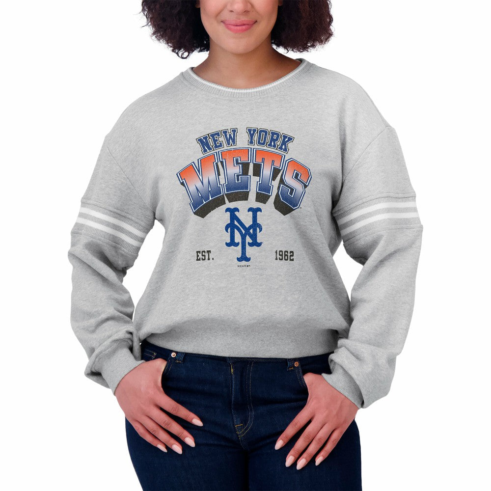 New York Mets WEAR by Erin Andrews Women's Sleeve Stripe Fleece Sweatshirt - Gray Sweatshirts