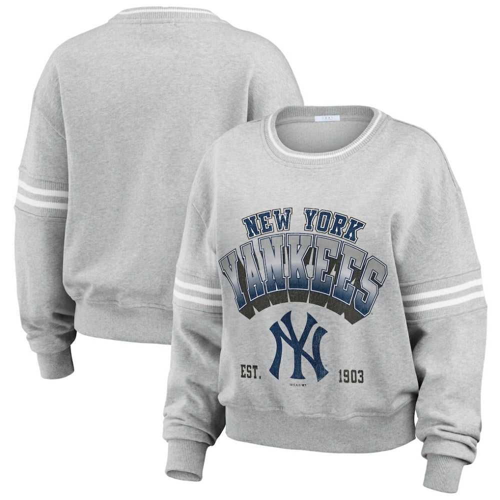 New York Yankees WEAR by Erin Andrews Women's Sleeve Stripe Fleece Crewneck Sweatshirt - Gray Sweatshirts
