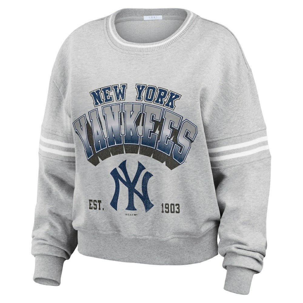 New York Yankees WEAR by Erin Andrews Women's Sleeve Stripe Fleece Crewneck Sweatshirt - Gray Sweatshirts