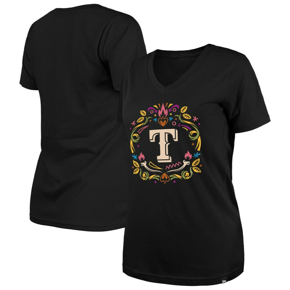 Texas Rangers New Era Women's Día de los Muertos V-Neck T-Shirt - Black T-shirts