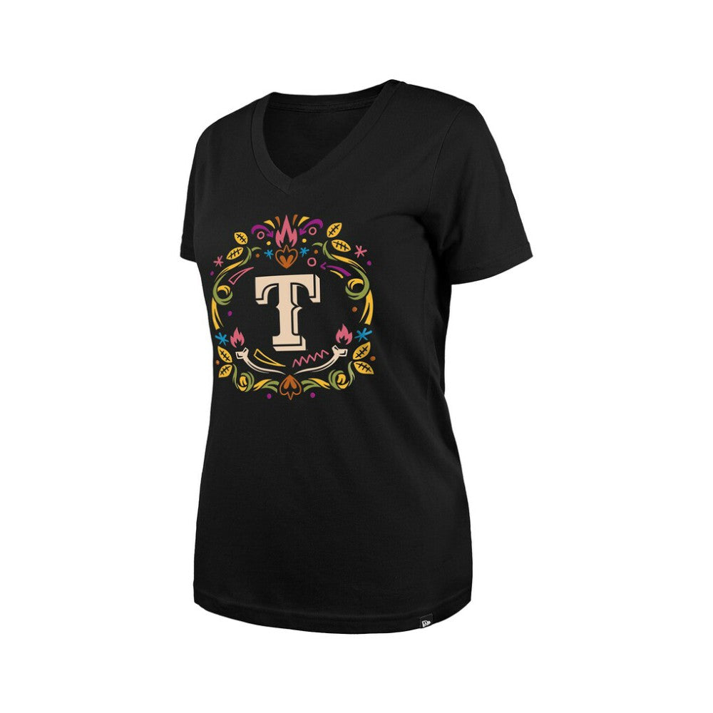 Texas Rangers New Era Women's Día de los Muertos V-Neck T-Shirt - Black T-shirts