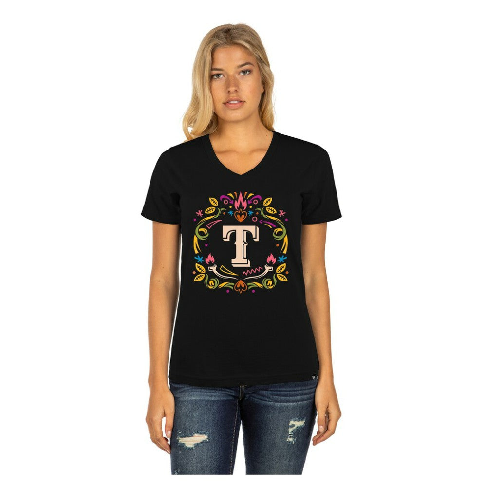 Texas Rangers New Era Women's Día de los Muertos V-Neck T-Shirt - Black T-shirts