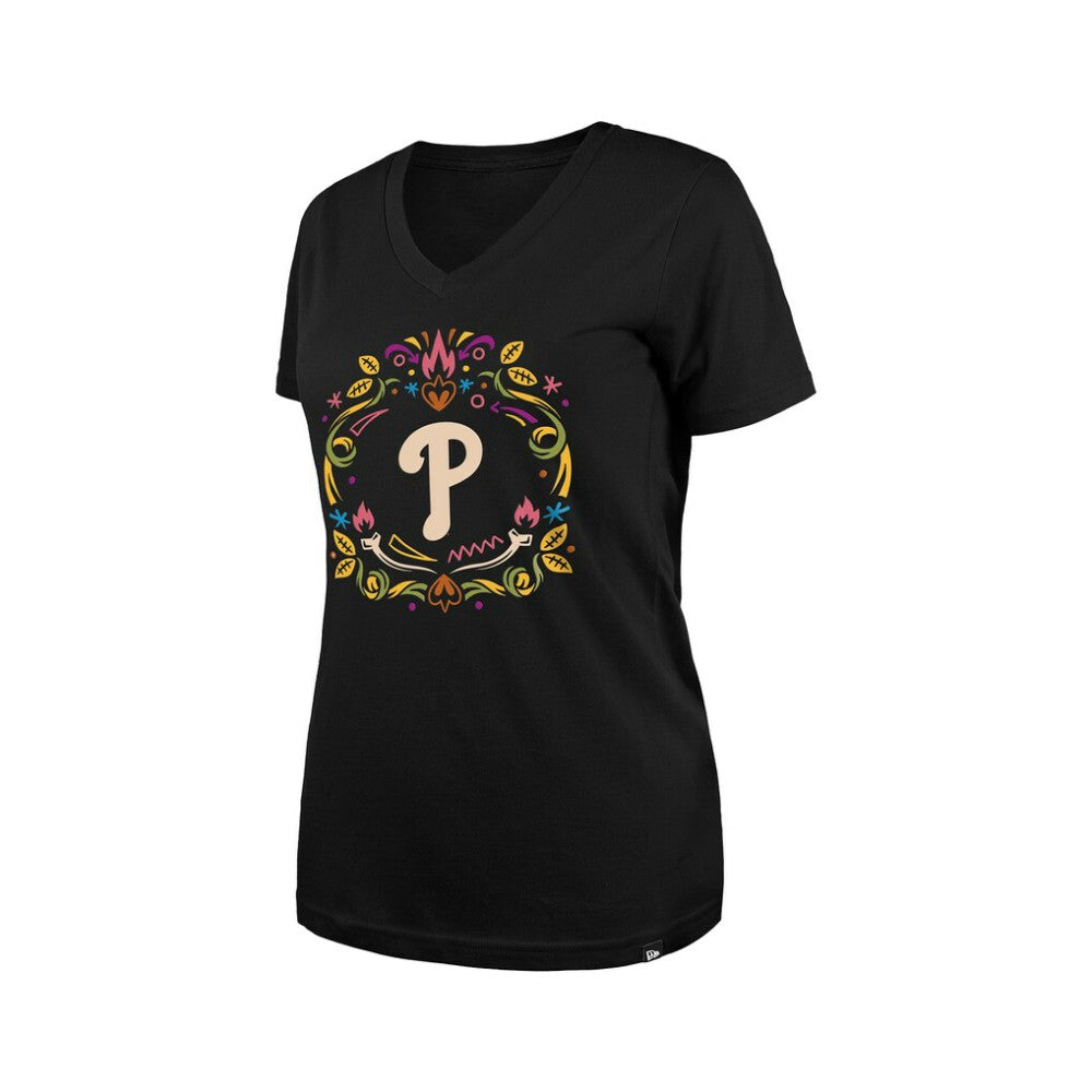 Philadelphia Phillies New Era Women's Día de los Muertos V-Neck T-Shirt - Black T-shirts
